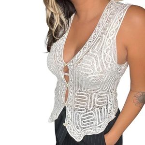 Ann Tjian for Kenar 100% Silk White Lace Women’s Vintage Vest Top